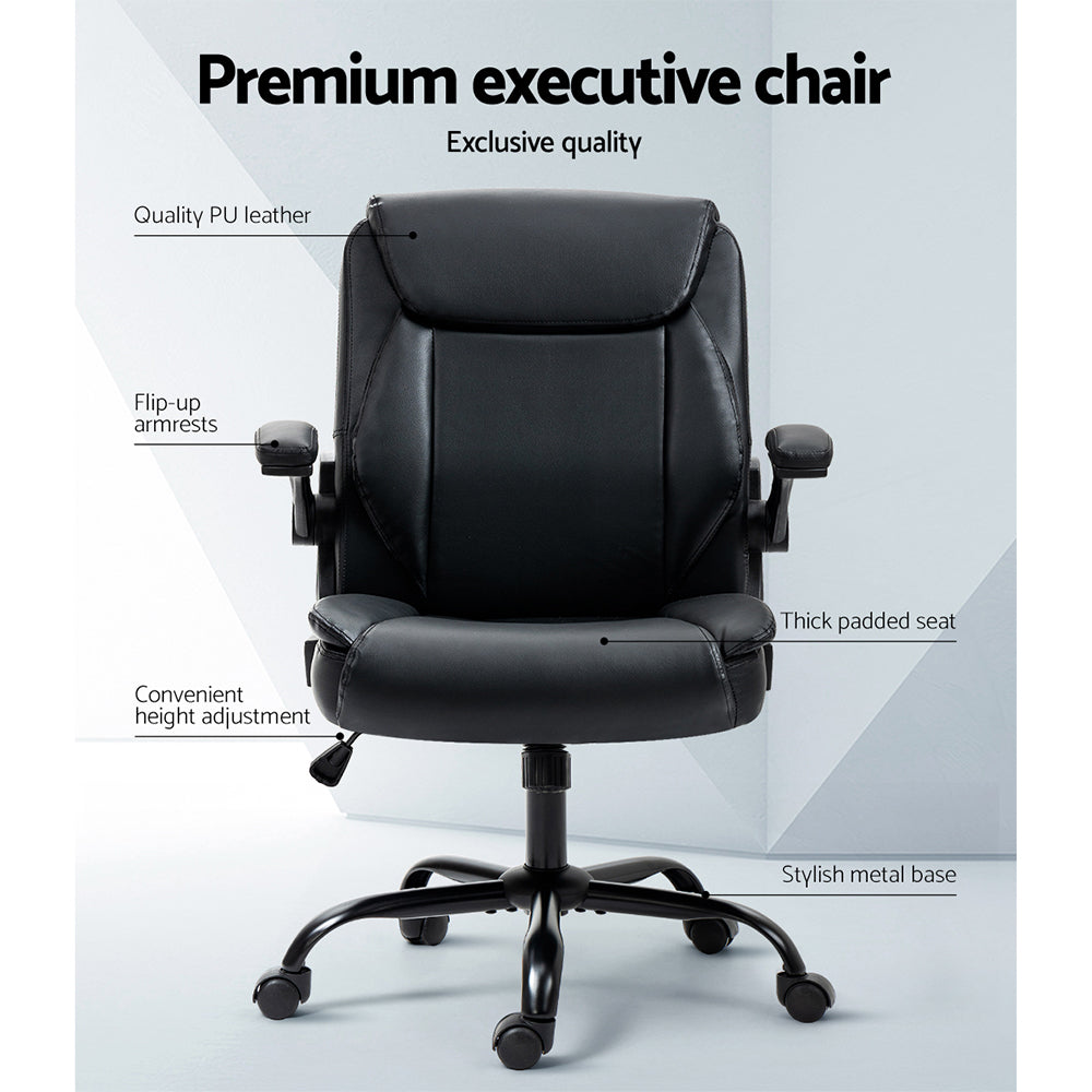 Artiss Office Chair Leather Computer Desk Chairs Executive Gaming Study Black-3