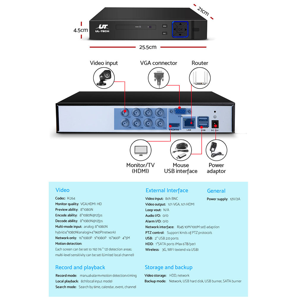 UL-TECH 8CH 5 IN 1 DVR CCTV Security System Video Recorder /w 8 Cameras 1080P HDMI Black-4