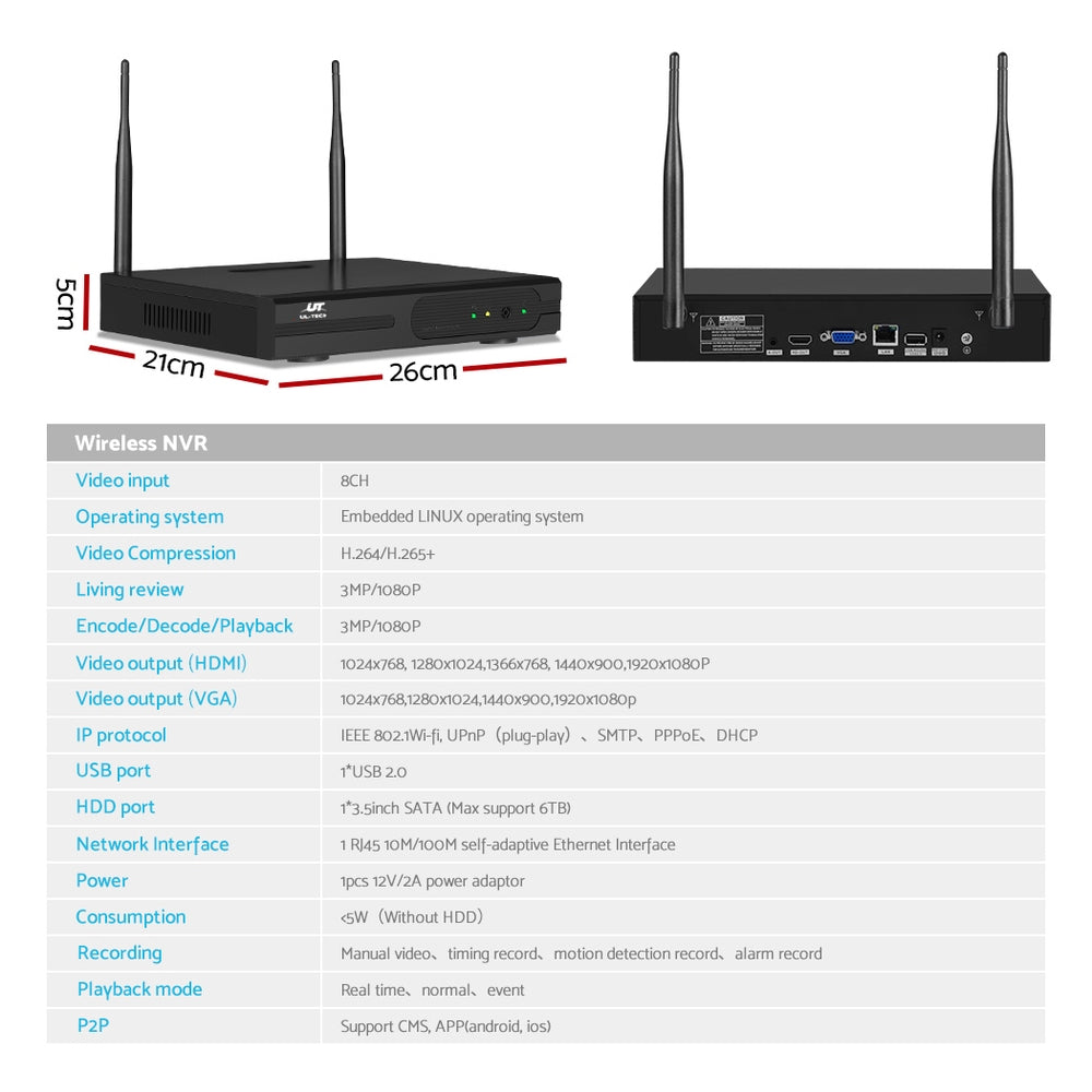 UL-tech Wireless CCTV 3MP IP Security Camera System Home Outdoor WiFi 8CH 2TB-4